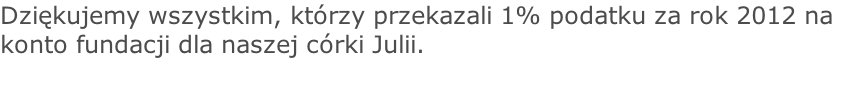 Dziękujemy wszystkim, którzy przekazali 1% podatku za rok 2012 na konto fundacji dla naszej córki Julii.